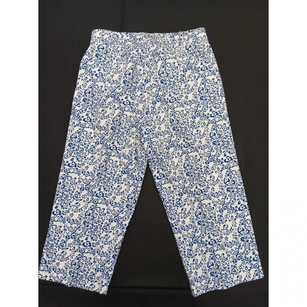 Nautical Blue White Floral Wide Leg Cropped Pants Summer Trouser 31 Waist - Picture 9 of 12